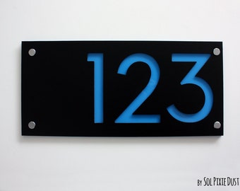 Modern House Numbers - Rectangle Black with Blue Acrylic - Contemporary Home Address - Sign Plaque - Door Number - Hotel Room Numbers