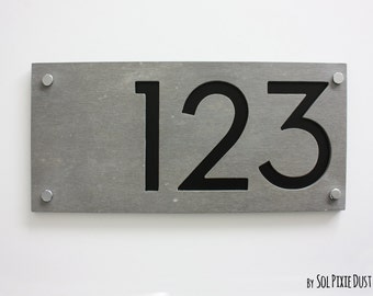 Modern House Numbers, Rectangle Concrete with Black Acrylic - Contemporary Home Address -Sign Plaque - Door Number