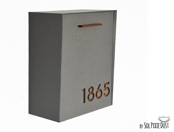 Mailbox with Concrete Face (Door), Aluminum Body and Wood Vanish Numbers, Custom Mailbox, Modern Design Wall Mounted Mailbox Mailnest Type 2