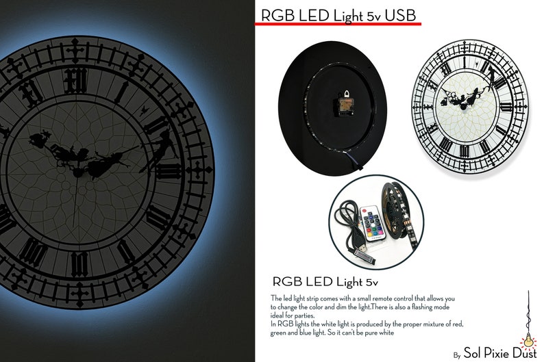 Peter Pan Big Ben Wall Clock RGB LED 5V Backlit Option Room Decor Gift Idea image 3