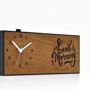 Modern Alarm Clock - Laser Engraved Wood - Analog - No Ticking - Good Morning - Gift for Dad - Office Desk - Creative Gift - Housewarming