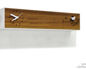 Modern Cuckoo Bird Clock - Solid Wood - Wooden Wall Clock / Table Clock - Minimalist Wall Deco Art - City One-Story Big - Almond Tree