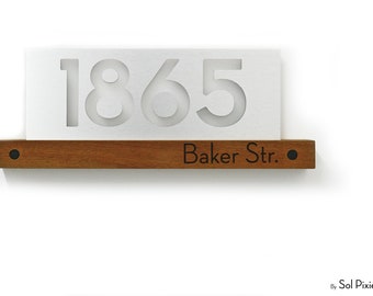 Modern House Numbers - LED Light 5V or 12V - Iroko Wood & Brush Silver Plaque - Contemporary Home Address Plaque - Backlit Sign