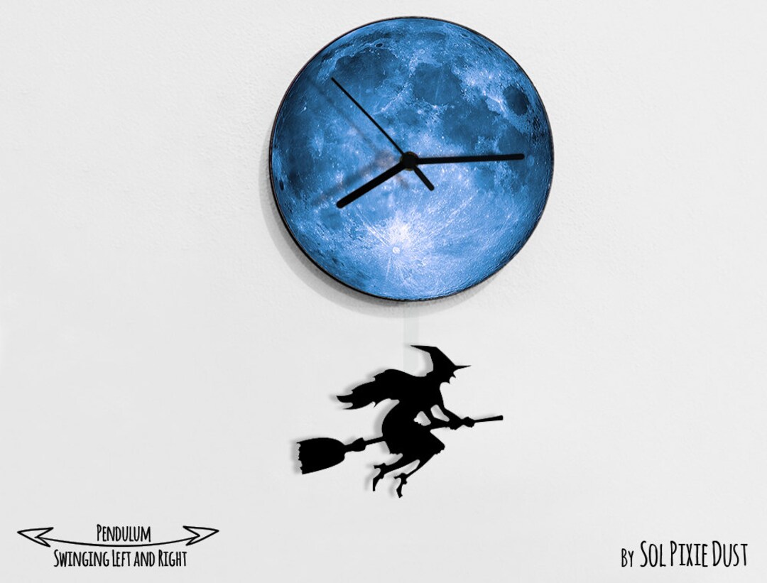 Halloween Witch Swinging on the Moon Wall Clock With Pendulum Wall ...