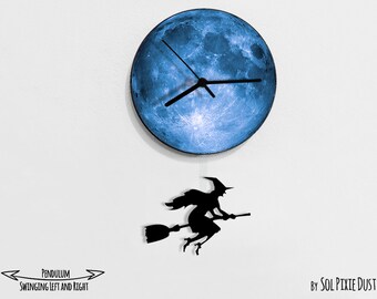 Sorcière d'Halloween se balançant sur la lune - horloge murale avec pendule - horloge murale unique - décoration murale - idée cadeau