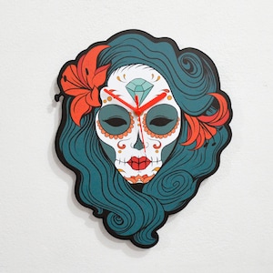 Sugar Skull Catrina Calavera Cabello Verde Azulado - Reloj de Pared