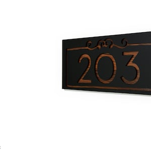 Modern House Numbers, Ornament Black Acrylic with Red Oak Aluminum Backing - Contemporary Home Number Sign Plaque, Door Label