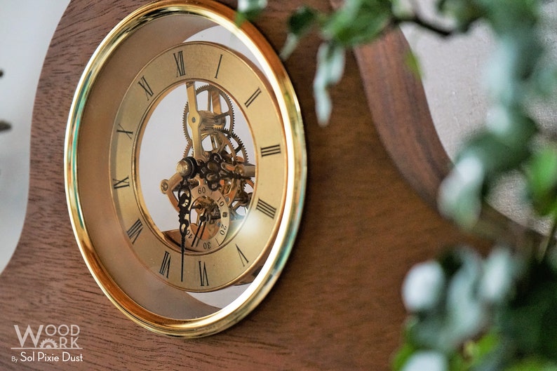Wooden Mantel Clock Shelf Clock Fireplace Clock Skeleton Clock Housewarming Gift Personalized Family Name Clock Bedroom Decor Gold