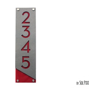 Modern House Numbers, Concrete  with Red Acrylic - Vertical - Contemporary Home Address -Sign Plaque - Door Number