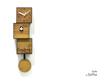 Modern Cuckoo Bird Clock - Solid Wood - Pendulum Wall Clock - Minimalist Wall Art - City Three-Story - Contemporary Deco - Custom Text Bye