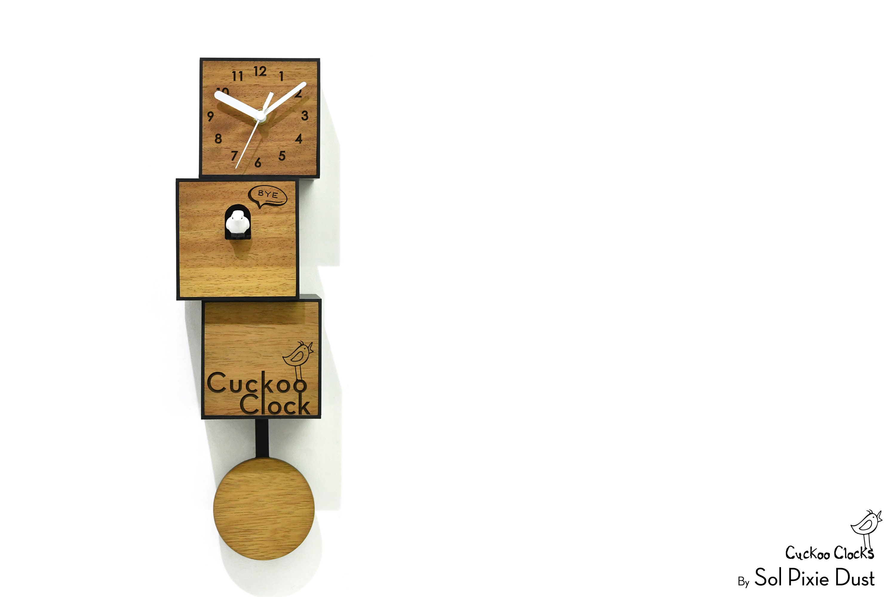 Modern Cuckoo Bird Clock - Solid Wood Pendulum Wall Minimalist Art City Three-story Contemporary Deco Custom Text Bye