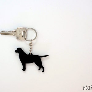 May include: Black Labrador Retriever silhouette keychain with a silver key ring and key attached.