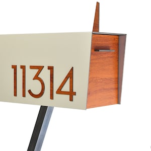 Contemporary Post Mounted Mailbox / Aluminum Ivory White Body and Red Oak Door and Numbers, Modern Design, Custom Mailbox, Mailnest Type 4