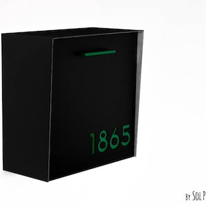 Mailbox mit schwarzem Gesicht und Körper aus Aluminium und grünen Acrylzahlen, Modernes Design, Benutzerdefinierte Mailbox, Mailnest Typ 1
