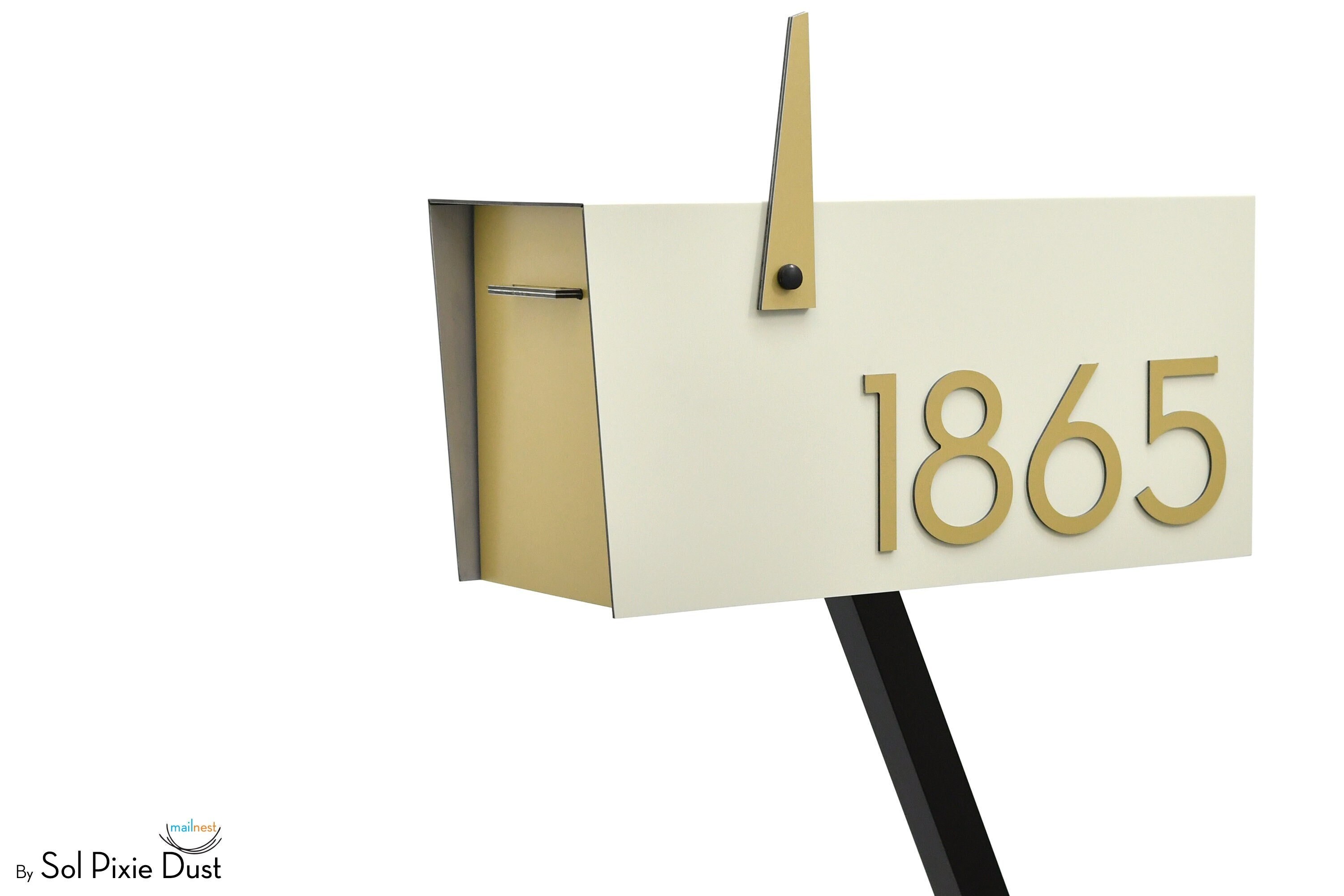 Contemporary Post Mounted Mailbox - Aluminum Ivory White Body and Aluminum Gold Door and Numbers - Modern Design - Custom Mailbox - Type 4