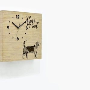Wooden Time Box Clock - Natural Wood - Beagle Dog - Wall Mount - Table Clock - Dog Mom - New Puppy - Pet Member - Dog Owner Clock - Dog Dad