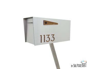 Contemporary Post Mounted Mailbox / Aluminum Brush Silver Body & Door with Walnut Numbers, Modern Mid Century Design, Custom Mailnest Type 4