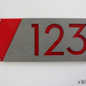 Modern House Numbers, Concrete with Red Acrylic - Contemporary Home Address -Sign Plaque - Door Number