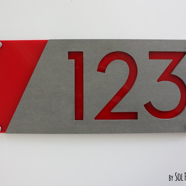 Modern House Numbers, Concrete with Red Acrylic - Contemporary Home Address -Sign Plaque - Door Number