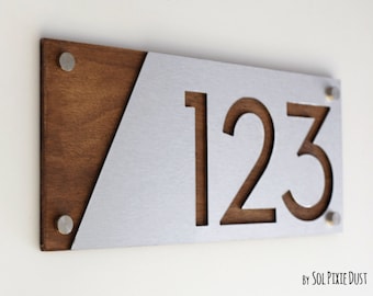Modern House Numbers, Alucobond with Wood  - Contemporary Home Address -Sign Plaque - Door Number