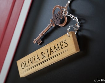 Wooden Key Chain - Laser Engraved Solid Iroko Wood - Personalized Keychain - Couple Names - Small Wedding Gifts Idea - Valentine Day Gift