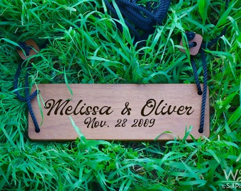 Columpio de árbol de madera - Madera maciza de teca africana - Regalos personalizados - Grabado láser con logotipo - Idea de decoración de porche - Columpio de cuerda de jardín - Regalo para niños