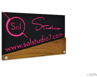 Custom Business Logo Sign - Solid Wood Africa Teak with Pink Acrylic Background - Custom Office Sign - Modern Office Plate - Sign Plaque