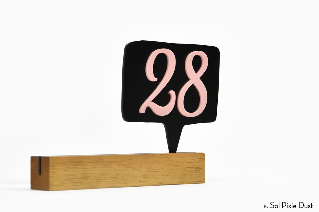 Modern Table Numbers Sign Wooden Base / Black Acrylic With Pink