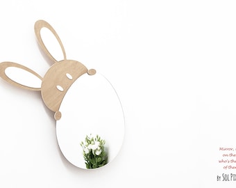 Miroir de sécurité Bunny avec lumière LED - Miroir de décoration murale - Miroir pour enfant de chambre d’enfant - Miroir en bois
