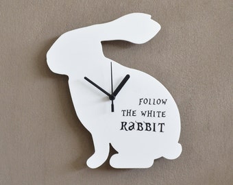 Follow the White Rabbit - Rabbit Silhouette - Alice Wall Clock