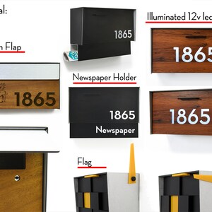 May include: A set of mailbox options with different features, including a newspaper holder, a lock with a flap, and illuminated 12v LED numbers. The mailbox is made of wood and metal and has a brown and black color scheme. The mailbox has the number 1865 on it.