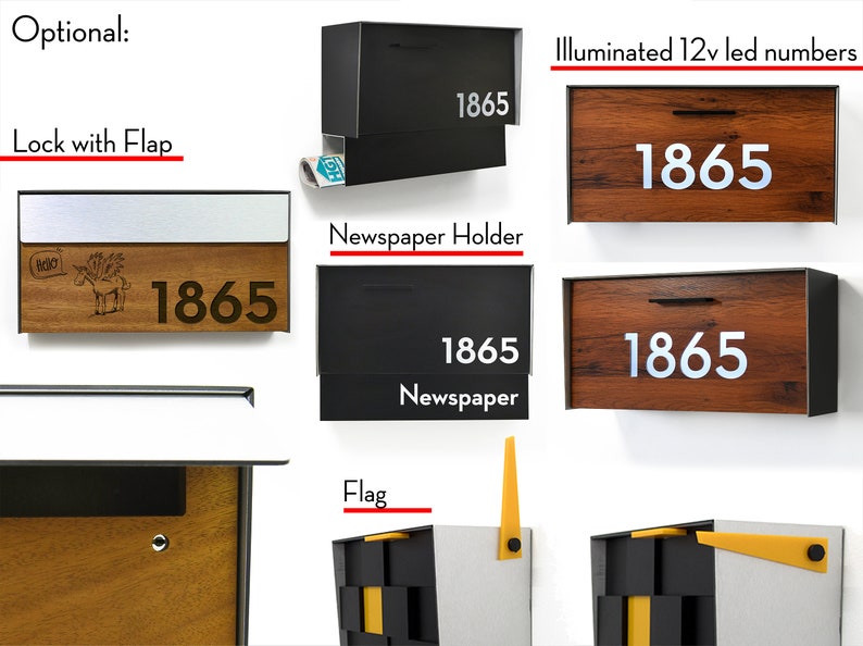 May include: A set of mailbox options with different features, including a newspaper holder, a lock with a flap, and illuminated 12v LED numbers. The mailbox is made of wood and metal and has a brown and black color scheme. The mailbox has the number 1865 on it.
