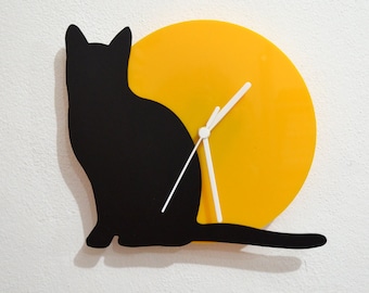 Cat - Black & Yellow Silhouette - Wall Clock