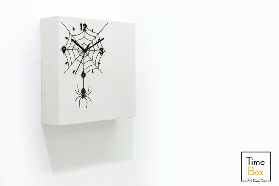Wooden Time Box Clock White Chalk Spider on Net Wall | Etsy