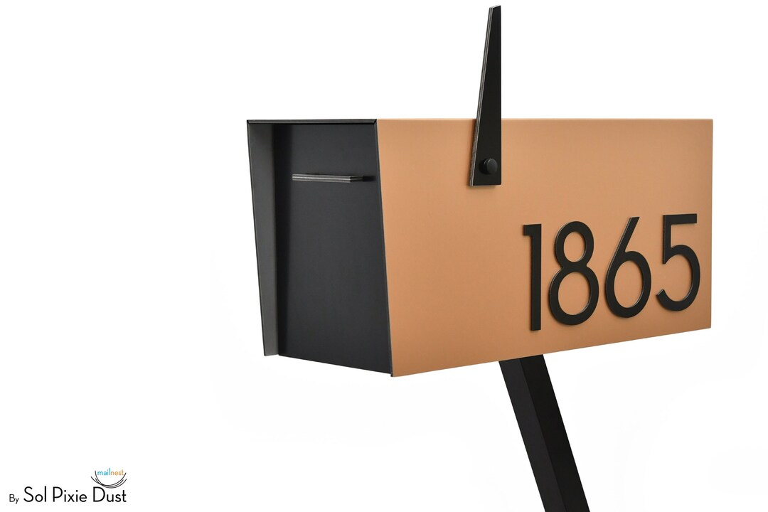 Contemporary Post Mounted Mailbox Aluminum Bronze Body and Aluminum Black Door, Numbers and Flag