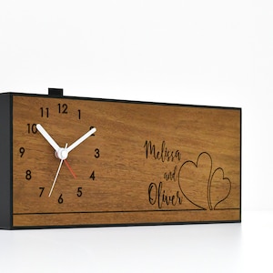Modern Alarm Clock - Laser Engraved Wood Clock - Analog - No Ticking - Announcement - Personalized Couple Gift - Hearts - Custom Names - est