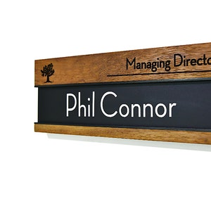 Modern Office Door Name Plate - Solid Wood  Iroko (African Teak) and Black Acrylic Sliding Plate - Wall Mounted - Business Office Door Sign