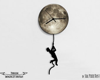 Boy climbing on the Moon - Wall Clock with Pendulum - Wall clock Unique - Wall Decor - Gift Idea