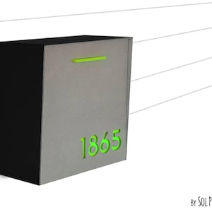 Briefkasten mit Beton Gesicht (Tür), Schwarzer Aluminium Körper und Hellgrüne Acryl Nummer, Modernes Design, Benutzerdefinierte Wand Mailbox, Typ 1