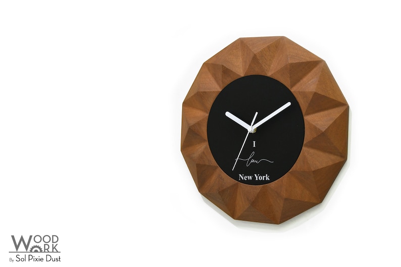 NYC Wood Carved 3D Vergina Sun Clock Travel Souvenir Gift Idea Solid Wood Wall Mount Clock Fiber Laser Engrave I Love New York