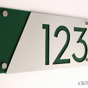 Modern House Numbers, Alucobond with Green Acrylic - Contemporary Home Address -Sign Plaque - Door Number