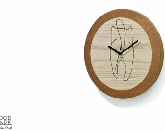 Wooden Round Clock Natural Wood Face - Laser Engraved - Simple Solid Wood Clock - Minimalist Wooden Art - Modern Wall Mount Clock - Meow Cat