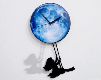 Girl Swinging on the Moon - Wall Clock with Pendulum - Wall clock Unique - Wall Decor - Gift Idea