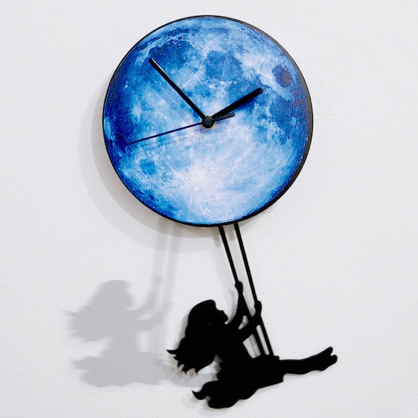 Girl Swinging on the Moon - Wall Clock with Pendulum - Wall clock Unique - Wall Decor - Gift Idea