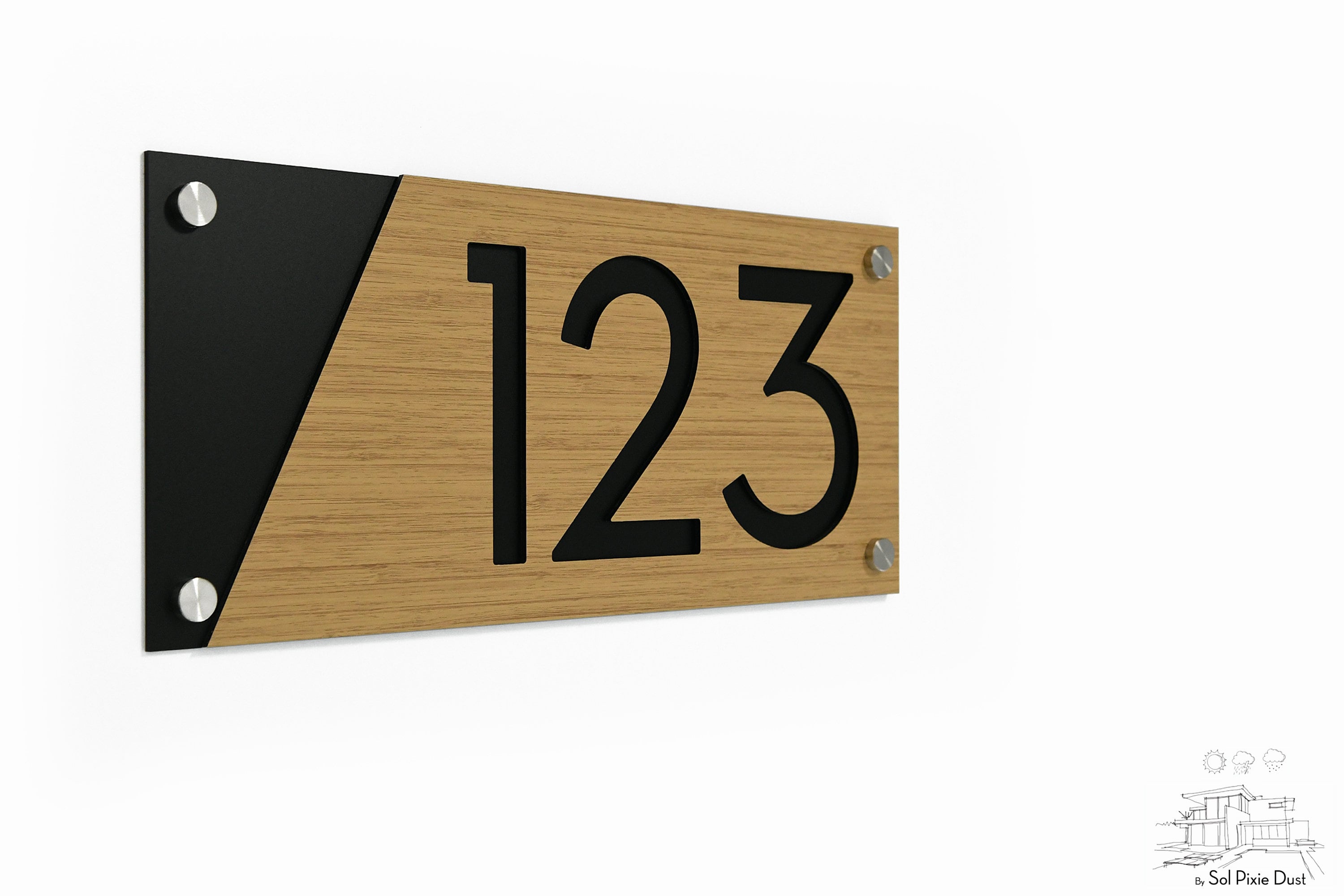 Modern House Numbers, Rectangle Bamboo Aluminum With Black Acrylic 2 ...