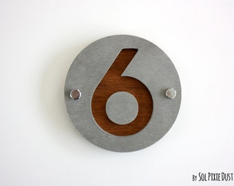 Modern House Numbers, One Number Round Concrete with Marine Plywood - Contemporary Home Address -Sign Plaque - Door Number