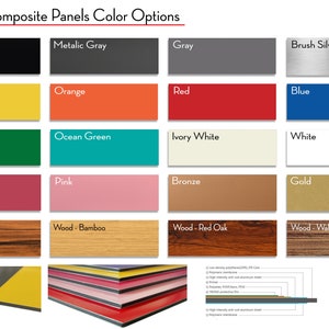 May include: A chart showing color options for aluminum composite panels. The colors include black, metallic gray, yellow, orange, gray, brush silver, red, blue, green, ocean green, ivory white, white, dark pink, pink, bronze, gold, wood - acacia, wood - bamboo, wood - red oak, and wood - walnut.
