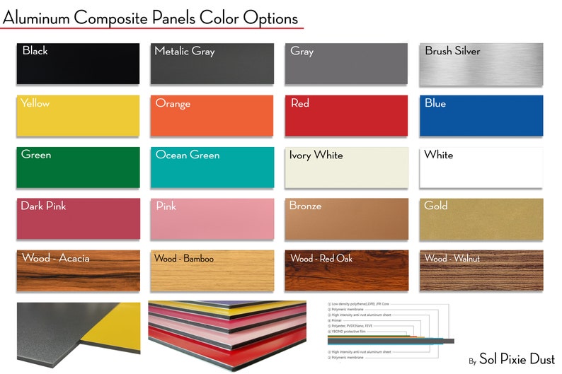 May include: A chart showing color options for aluminum composite panels. The colors include black, metallic gray, yellow, orange, gray, brush silver, red, blue, green, ocean green, ivory white, white, dark pink, pink, bronze, gold, wood - acacia, wood - bamboo, wood - red oak, and wood - walnut.
