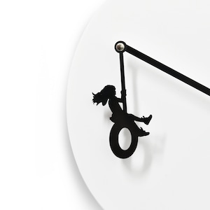 Unique Minimalist Wall Clock - White & Black with Hanging Girl Swinging on the tire - Wall Decoration - Unique Gift Idea - Kids Room Decor