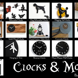 May include: A collage of various clock designs, featuring wall clocks, pendulum clocks, solid wood clocks, mantel clocks, concrete clocks, aluminium clocks, week clocks, hanging clocks, reverse clocks, moon phase clocks, tide clocks, and alarm clocks. The text "CLOCKS & MORE" is displayed in a large, decorative font at the bottom of the image. The text "By Sol Pixie Dust" is displayed in a smaller font below the larger text.